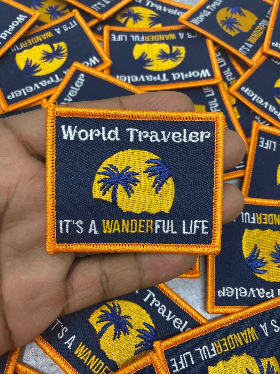 "World Traveler..It's a Wanderful Life" Iron-on Embroidered Patch, Lovers of Travel, Size 2" inches